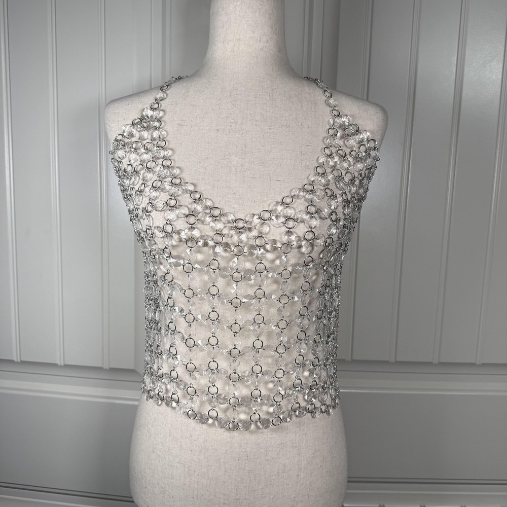 Fashion Nova Kylie Jeweled Mesh Tank Womens Medium Crystal Acrylic Clubwear Top‎